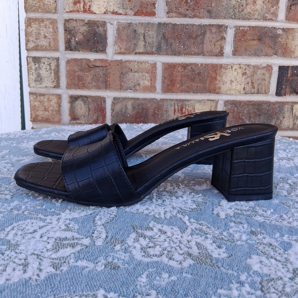 Yosi Samra Croc- Embossed Black Women's Slide Heel Sandals New Sz.9 - Picture 5 of 13